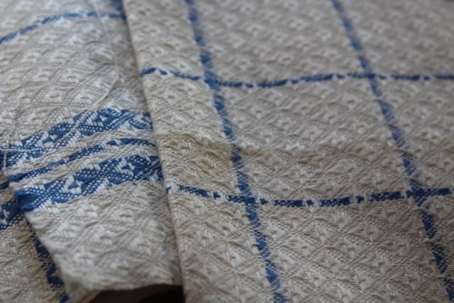 photo of vintage french pure linen towel fabric, unused toweling diamond weave blue & creamy white #3