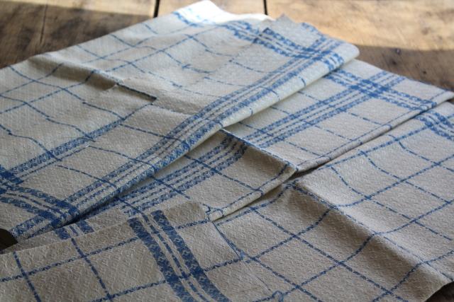 photo of vintage french pure linen towel fabric, unused toweling diamond weave blue & creamy white #4