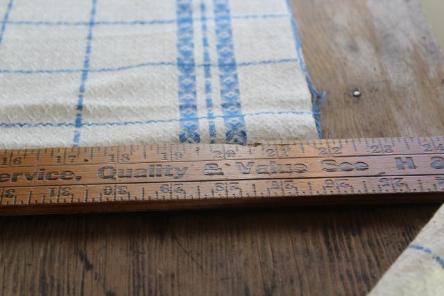 photo of vintage french pure linen towel fabric, unused toweling diamond weave blue & creamy white #6