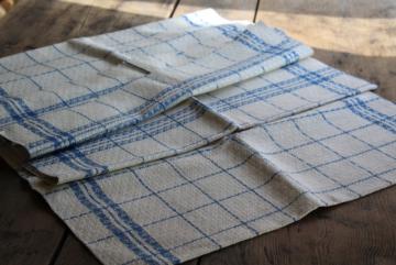 catalog photo of vintage french pure linen towel fabric, unused toweling diamond weave blue & creamy white