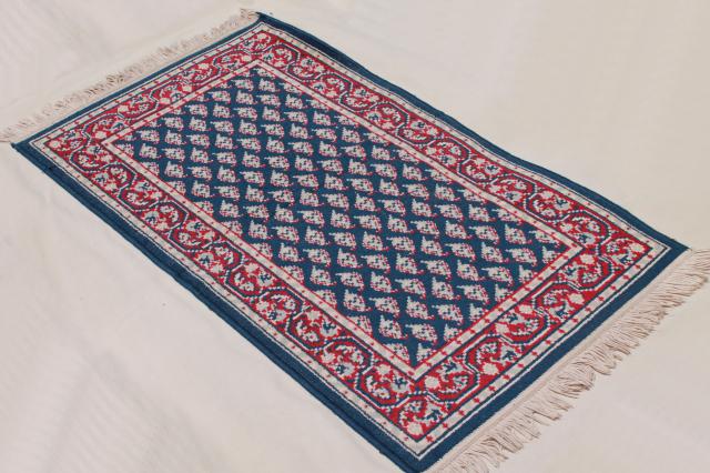 photo of vintage fringed wool area rug, small oriental carpet woven red & white on navy blu #1