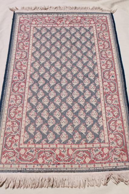 photo of vintage fringed wool area rug, small oriental carpet woven red & white on navy blu #2