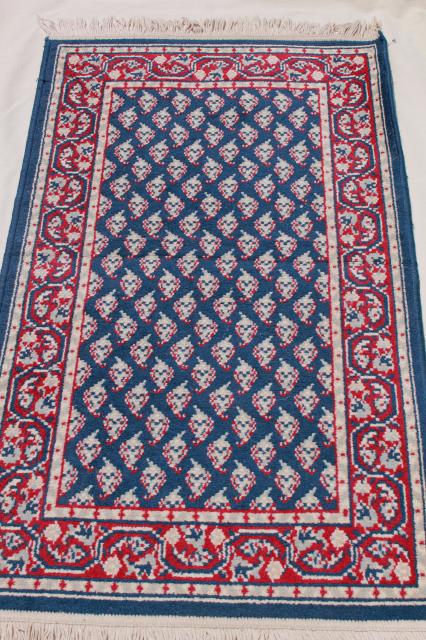 photo of vintage fringed wool area rug, small oriental carpet woven red & white on navy blu #3