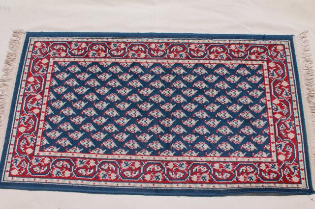 photo of vintage fringed wool area rug, small oriental carpet woven red & white on navy blu #4