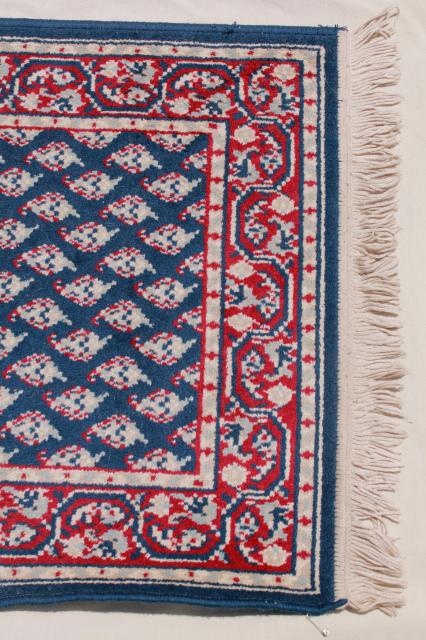 photo of vintage fringed wool area rug, small oriental carpet woven red & white on navy blu #6