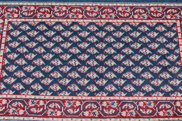 photo of vintage fringed wool area rug, small oriental carpet woven red & white on navy blu #7