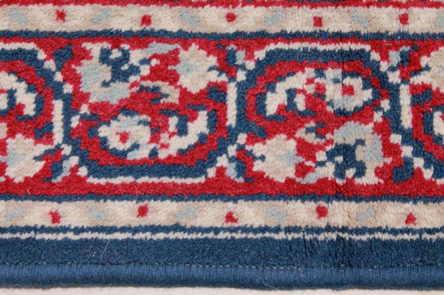 photo of vintage fringed wool area rug, small oriental carpet woven red & white on navy blu #8