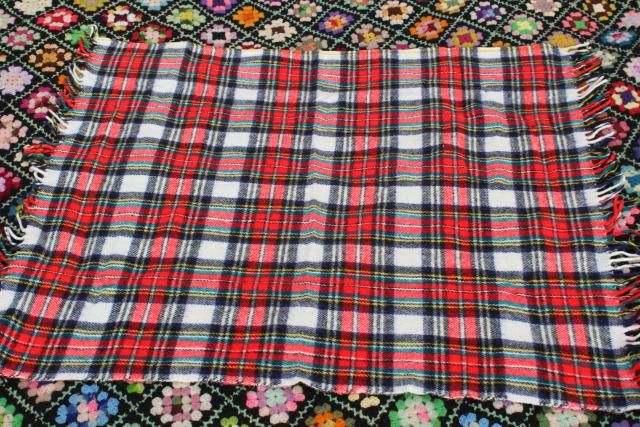 photo of vintage fringed woven plaid camp blanket or throw, retro stadium blanket #1