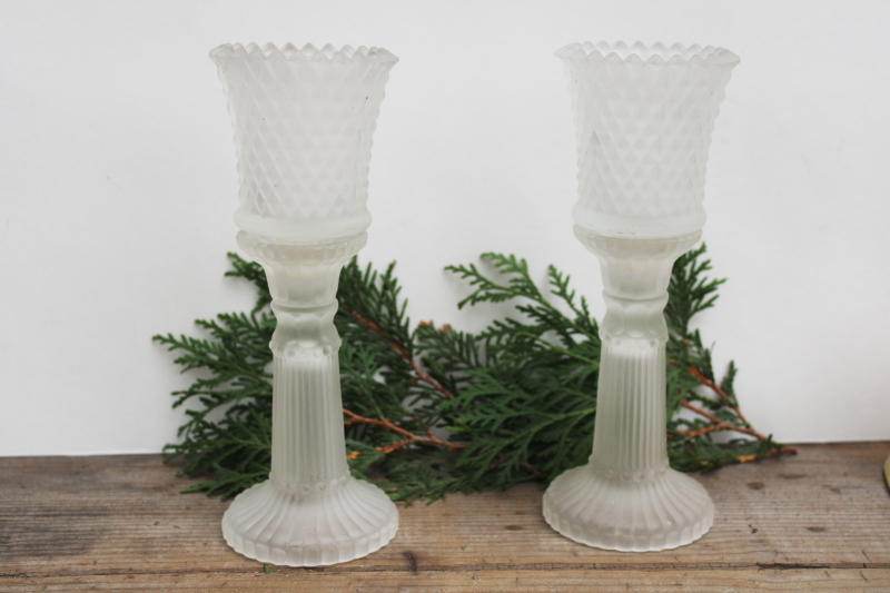 photo of vintage frosted crystal glass candlesticks w/ removable peg type candle holders  #1