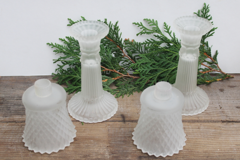 photo of vintage frosted crystal glass candlesticks w/ removable peg type candle holders #2