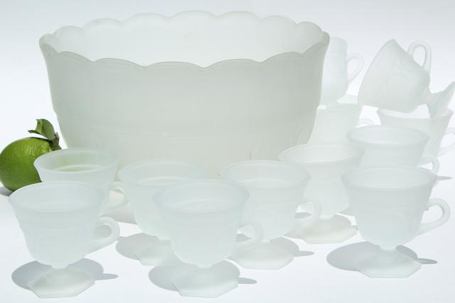 photo of vintage frosted crystal satin glass punch bowl & footed cups, Tiara french provincial #1