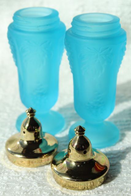 photo of vintage frosted glass blue mist paneled grape grapes pattern S&P shakers, gold metal lids #3