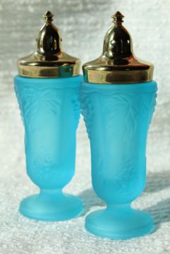 catalog photo of vintage frosted glass blue mist paneled grape grapes pattern S&P shakers, gold metal lids