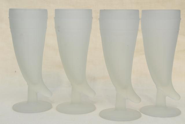 photo of vintage frosted glass drinking horns, tall horn shaped beer glasses, Tiara / Indiana glass #1