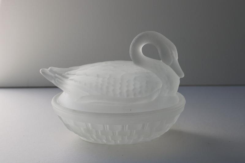 photo of vintage frosted glass swan on nest, trinket box for jewelry or vanity table #3