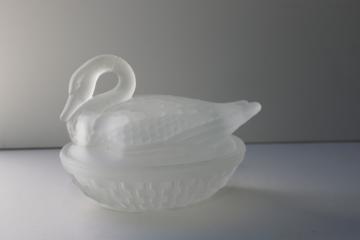 catalog photo of vintage frosted glass swan on nest, trinket box for jewelry or vanity table