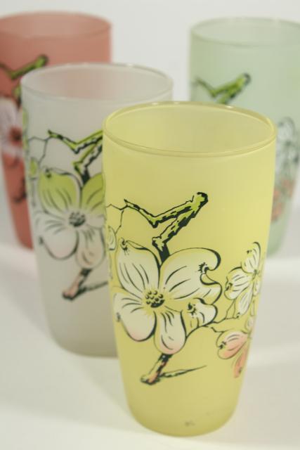 photo of vintage frosted glass tumblers, dogwood flowers pastel colors, Libbey southern plantation? #1