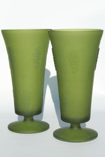photo of vintage frosted green glass vases, embossed grapes pattern satin glass #1