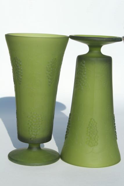 photo of vintage frosted green glass vases, embossed grapes pattern satin glass #6