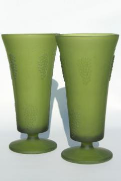 catalog photo of vintage frosted green glass vases, embossed grapes pattern satin glass