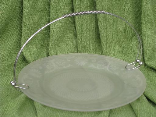 photo of vintage frosted satin glass cake or tea sandwich plate, Indiana daisy #1