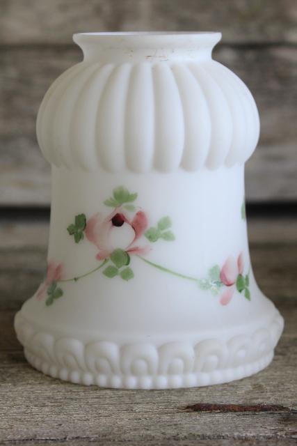 photo of vintage frosted white milk glass lamp or light shade w/ hand painted pink roses #1