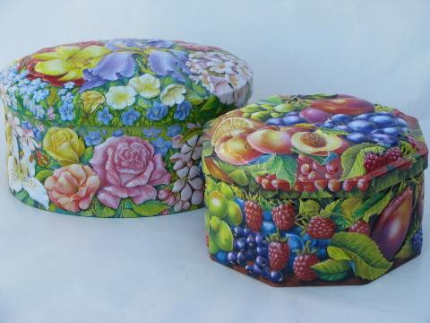 photo of vintage fruit and flowers chintz candy tins, Churchill - England #1