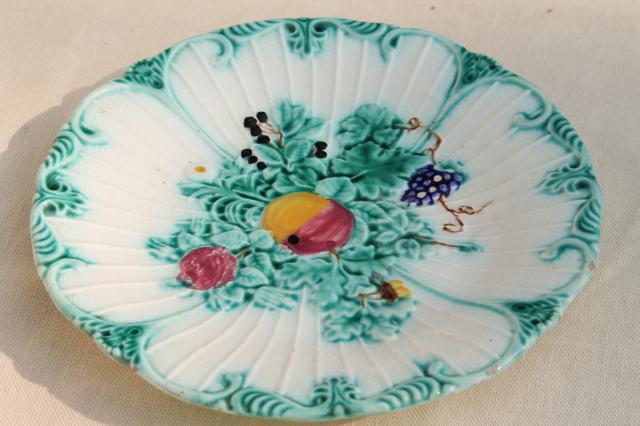 photo of vintage fruit & flowers majolica faience pottery plate w/ old stamped L makers mark #1