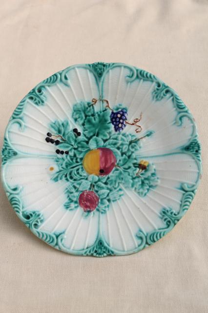 photo of vintage fruit & flowers majolica faience pottery plate w/ old stamped L makers mark #3