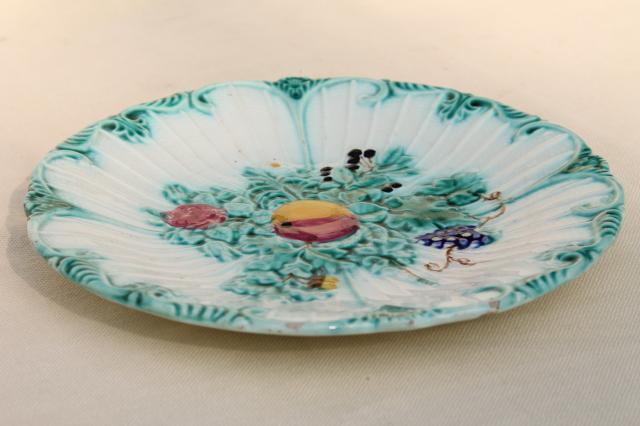 photo of vintage fruit & flowers majolica faience pottery plate w/ old stamped L makers mark #4