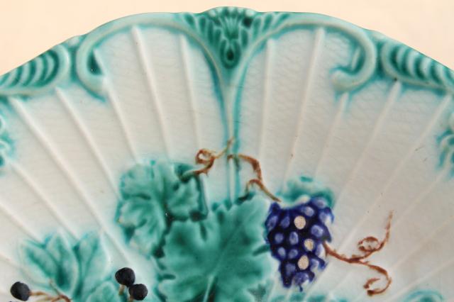 photo of vintage fruit & flowers majolica faience pottery plate w/ old stamped L makers mark #9