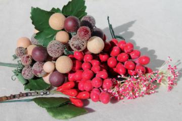 catalog photo of vintage fruit for holiday wreaths, plastic & papier mache berries floral picks