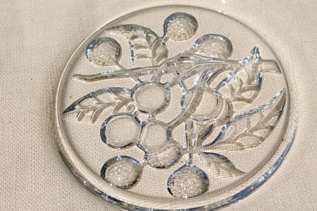 photo of vintage fruit intaglio pattern glass, crystal clear plates w/ cherry berry or orange tree #6