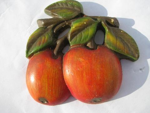 photo of vintage fruit kitchen wall art, lot chalkware plaques, apples, cherries #3