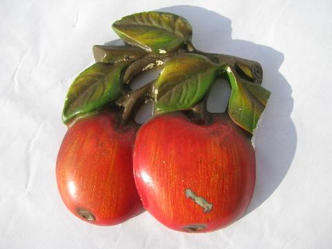 photo of vintage fruit kitchen wall art, lot chalkware plaques, apples, cherries #4