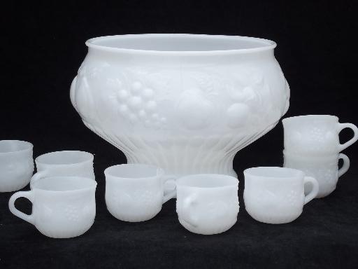 photo of vintage fruit milk glass punch bowl and cups set, Jeannette della robbia #1