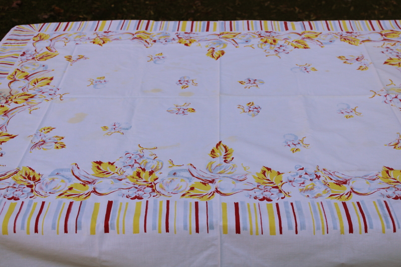 photo of vintage fruit print cotton tablecloth, yellow, red, light blue striped border, mid century kitchen  #1