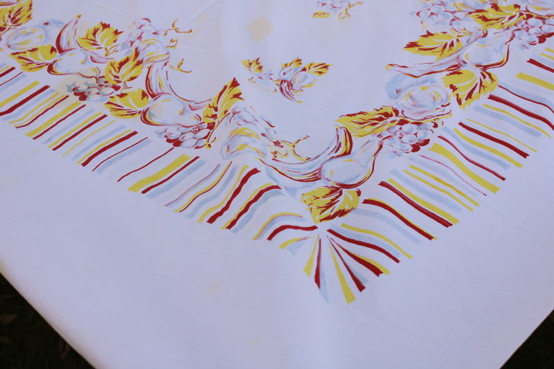 photo of vintage fruit print cotton tablecloth, yellow, red, light blue striped border, mid century kitchen #2