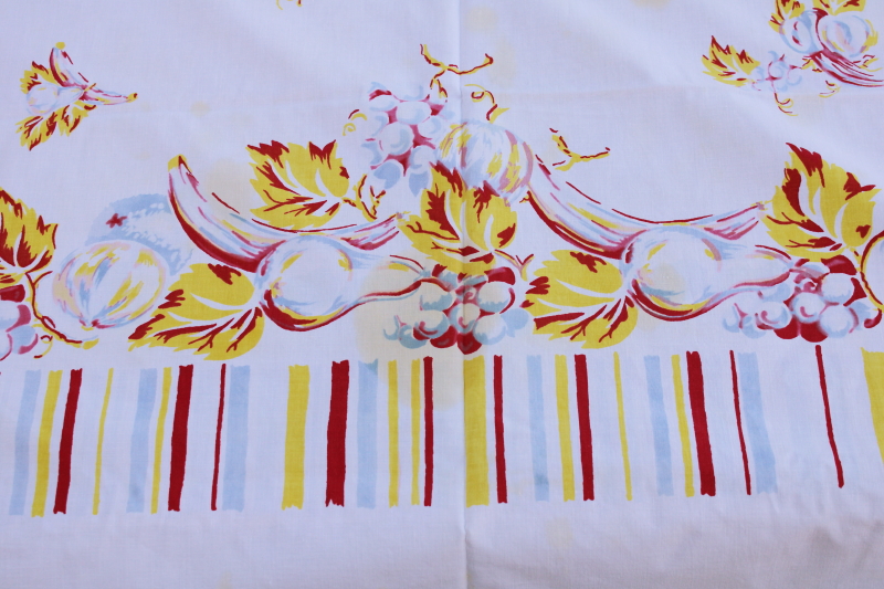 photo of vintage fruit print cotton tablecloth, yellow, red, light blue striped border, mid century kitchen #3