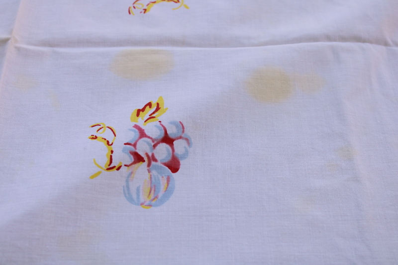 photo of vintage fruit print cotton tablecloth, yellow, red, light blue striped border, mid century kitchen #6