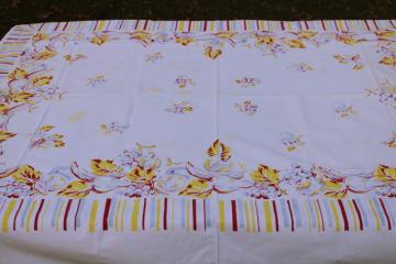 catalog photo of vintage fruit print cotton tablecloth, yellow, red, light blue striped border, mid century kitchen 