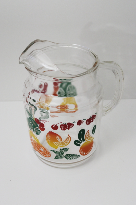 photo of vintage fruit punch print glass lemonade pitcher, retro kitchen glassware  #1