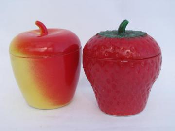 catalog photo of vintage fruit shaped jam pots, milk glass yellow & red apple, bright strawberry!
