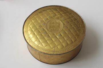 catalog photo of vintage fruitcake tin Country Inn Fruit Cake quilted metallic gold large round tin granny cottagecore 