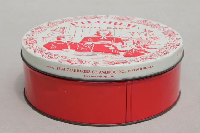 photo of vintage fruitcake tin, Pilgrim fruit cake pilgrims illustration in Christmas red & white #2