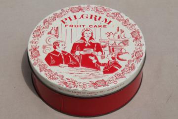 catalog photo of vintage fruitcake tin, Pilgrim fruit cake pilgrims illustration in Christmas red & white