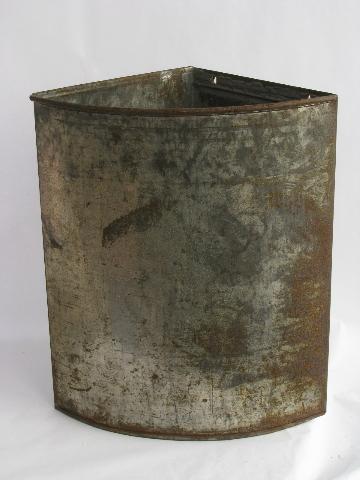 photo of vintage galvanized metal pantry corner box, old hoosier cupboard pull-out bin #1