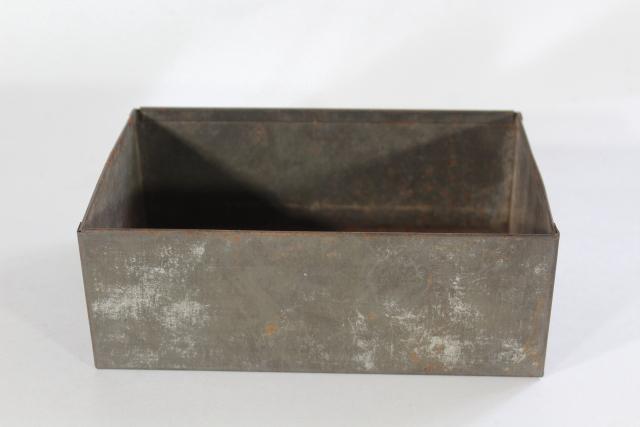 photo of vintage galvanized metal storage box or desk caddy, industrial dark grey zinc patina #2