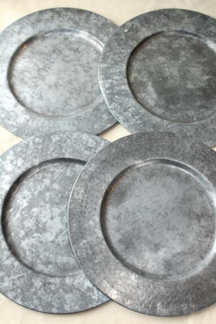 photo of vintage galvanized zinc metal charger plates, rustic country farmhouse table ware #1