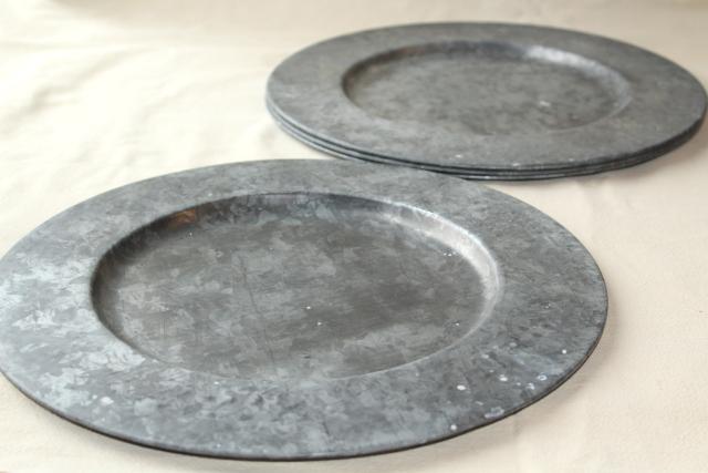 photo of vintage galvanized zinc metal charger plates, rustic country farmhouse table ware #5